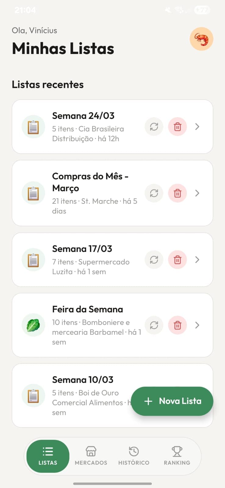 Tela de listas do ListaFácil