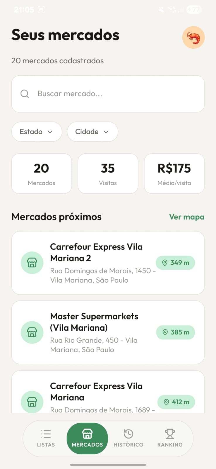 Tela de mercados do ListaFácil